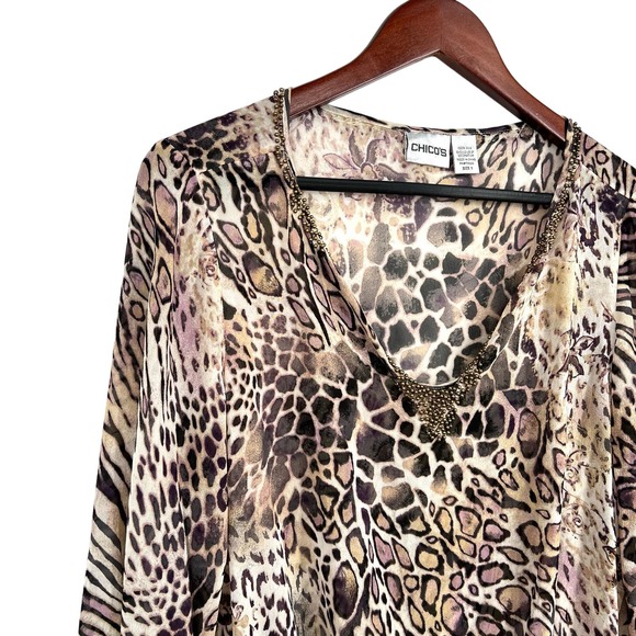 Chicos Sz 1 Medium 100% SILK Sheer Animal Print Blouse Shirt Top 3/4 Sleeve - Picture 3 of 8